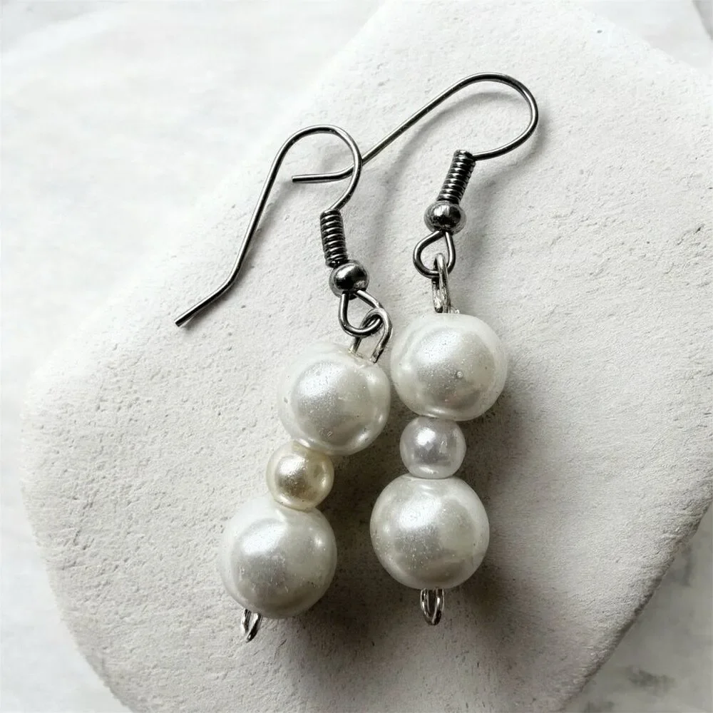 Vintage Classic Faux Pearl Drop Earrings Dangle White Bridal Minimalist Romantic